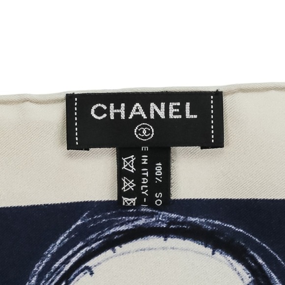 CHANEL 17K Coco Mark Planet Silk Scarf/Muffler, Ivory/Navy, Women's
